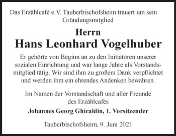 Traueranzeige von Hans Leonhard Vogelhuber von Fränkische Nachrichten