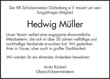 Traueranzeige von Hedwig Müller von Fränkische Nachrichten