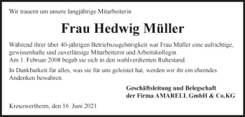 Traueranzeige von Hedwig Müller von Fränkische Nachrichten