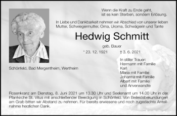 Traueranzeige von Hedwig Schmitt von Fränkische Nachrichten