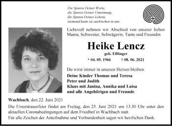 Traueranzeige von Heike Lencz von Fränkische Nachrichten