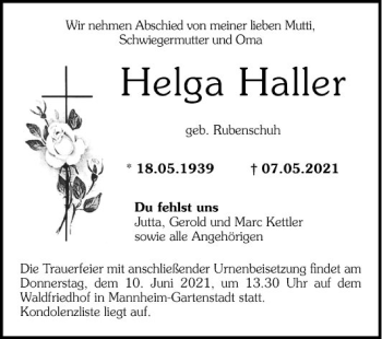 Traueranzeige von Helga Haller von Mannheimer Morgen