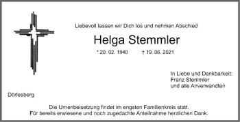 Traueranzeige von Helga Stemmler von Fränkische Nachrichten