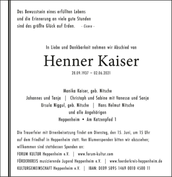 Traueranzeige von Henner Kaiser von Bergsträßer Anzeiger