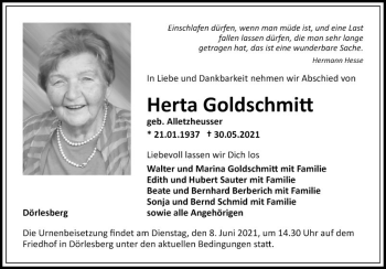 Traueranzeige von Herta Goldschmitt von Fränkische Nachrichten