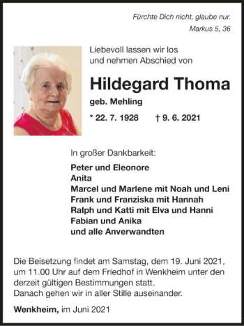 Traueranzeige von Hildegard Thoma von Fränkische Nachrichten