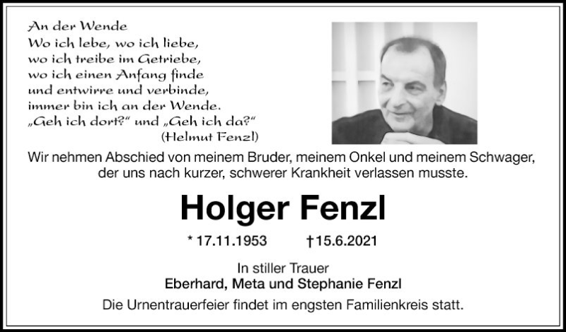  Traueranzeige für Holger Fenzl vom 26.06.2021 aus Mannheimer Morgen