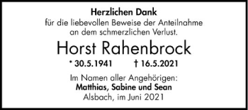 Traueranzeige von Horst Rahenbrock von Bergsträßer Anzeiger