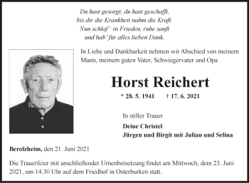 Traueranzeige von Horst Reichert von Fränkische Nachrichten