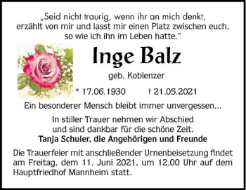 Traueranzeige von Inge Balz von Mannheimer Morgen