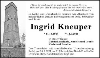 Traueranzeige von Ingrid Kneuper von Südhessen Morgen