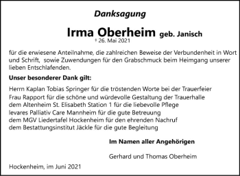 Traueranzeige von Irma Oberheim von Schwetzinger Zeitung