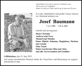 Traueranzeige von Josef Baumann von Fränkische Nachrichten