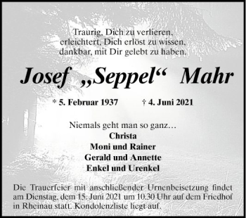 Traueranzeige von Josef Mahr von Mannheimer Morgen