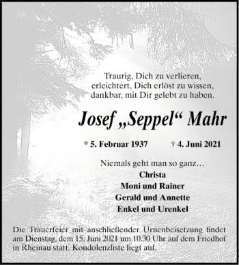 Traueranzeige von Josef Mahr von Schwetzinger Zeitung