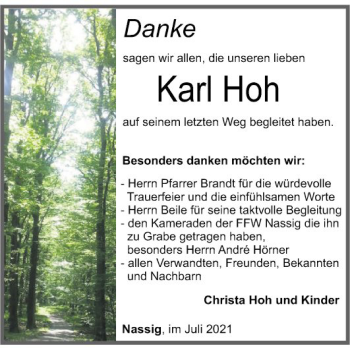 Traueranzeige von Karl Hoh von Fränkische Nachrichten