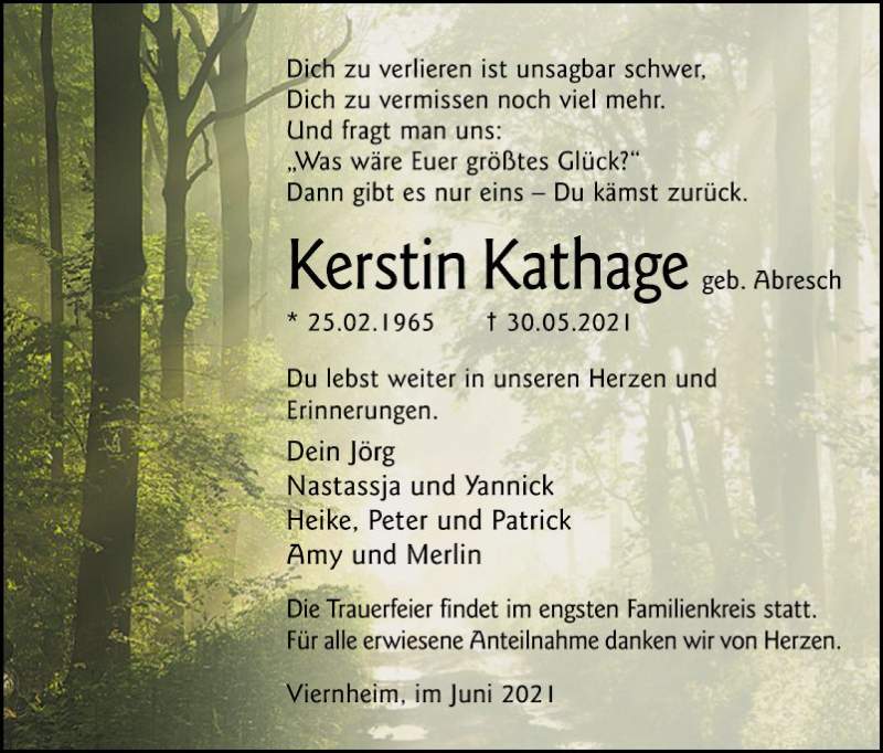  Traueranzeige für Kerstin Kathage vom 05.06.2021 aus Südhessen Morgen