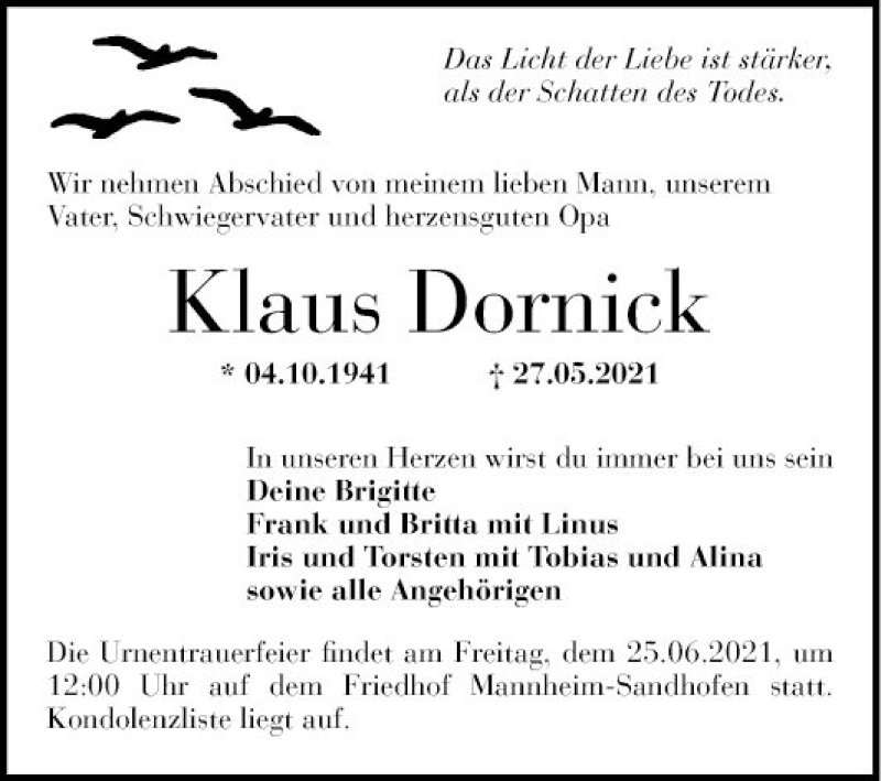  Traueranzeige für Klaus Dornick vom 19.06.2021 aus Mannheimer Morgen