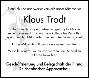 Traueranzeige von Klaus Trodt von Bergsträßer Anzeiger