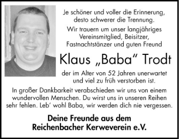 Traueranzeige von Klaus Trodt von Bergsträßer Anzeiger