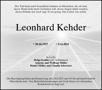 Traueranzeige von Leonhard Kehder von Schwetzinger Zeitung