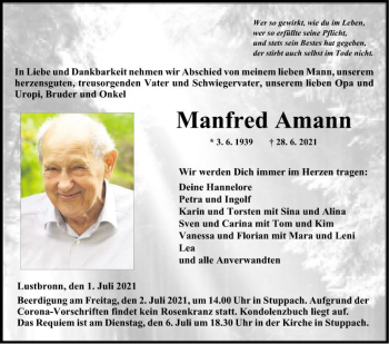 Traueranzeige von Manfred Amann von Fränkische Nachrichten