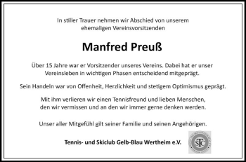 Traueranzeige von Manfred Preuß von Fränkische Nachrichten