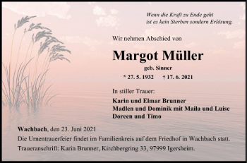 Traueranzeige von Margot Müller von Fränkische Nachrichten