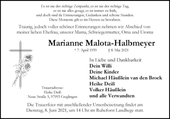 Traueranzeige von Marianne Malota-Halbmeyer von Fränkische Nachrichten