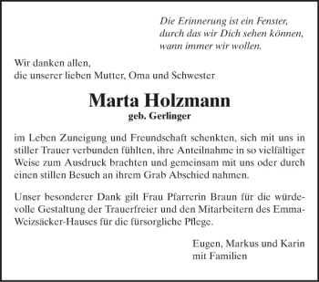 Traueranzeige von Marta Holzmann von Fränkische Nachrichten