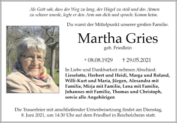 Traueranzeige von Martha Gries von Fränkische Nachrichten