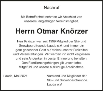 Traueranzeige von Otmar Knörzer von Fränkische Nachrichten