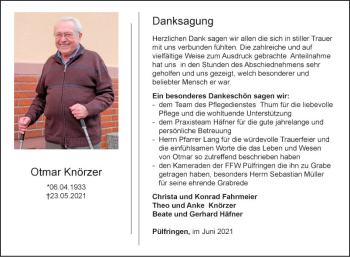 Traueranzeige von Otmar Knörzer von Fränkische Nachrichten