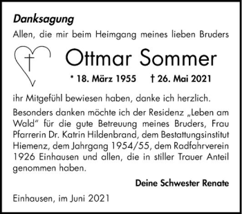 Traueranzeige von Ottmar Sommer von Bergsträßer Anzeiger