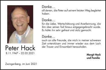 Traueranzeige von Peter Hack von Bergsträßer Anzeiger