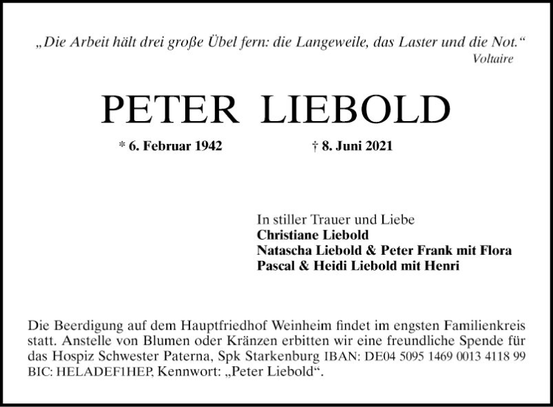 Traueranzeige für Peter Leibold vom 12.06.2021 aus Südhessen Morgen