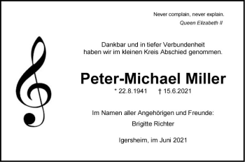 Traueranzeige von Peter-Michael Miller von Fränkische Nachrichten