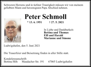 Traueranzeige von Peter Schmoll von Mannheimer Morgen