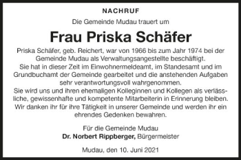 Traueranzeige von Priska Schäfer von Fränkische Nachrichten