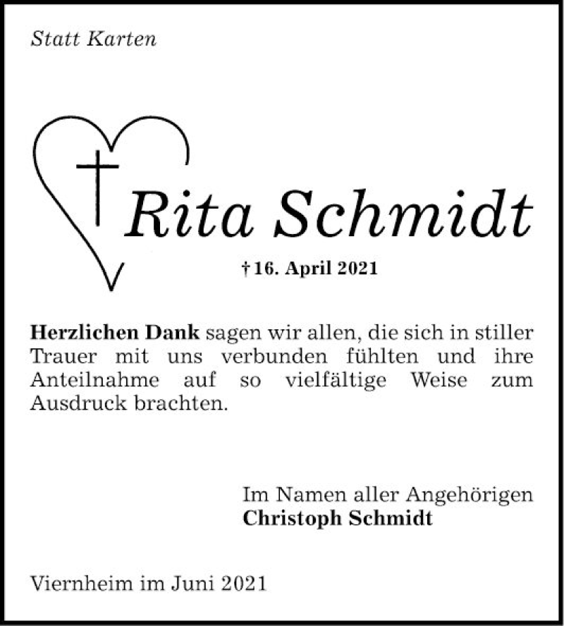  Traueranzeige für Rita Schmidt vom 19.06.2021 aus Mannheimer Morgen