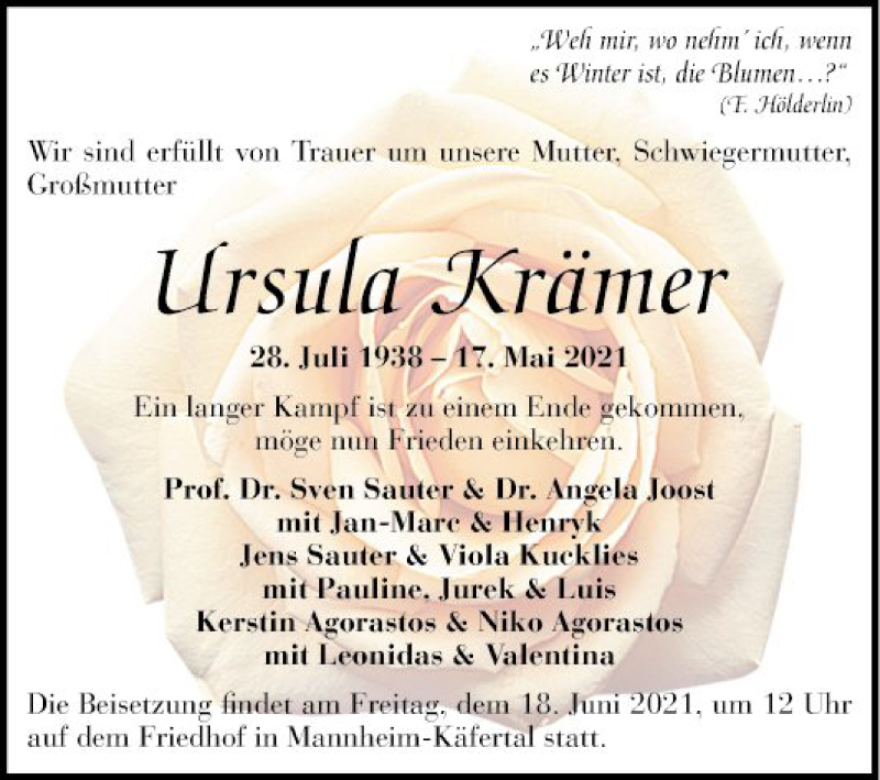  Traueranzeige für Ursula Krämer vom 12.06.2021 aus Mannheimer Morgen
