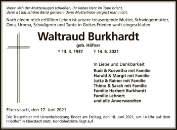 Traueranzeige von Waltraud Burkhardt von Fränkische Nachrichten