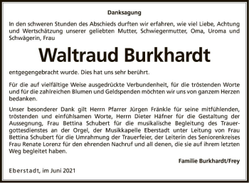 Traueranzeige von Waltraud Burkhardt von Fränkische Nachrichten