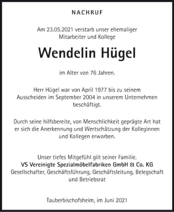 Traueranzeige von Wendelin Hügel von Fränkische Nachrichten