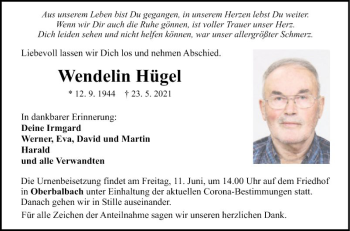 Traueranzeige von Wendelin Hügel von Fränkische Nachrichten