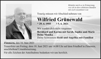 Traueranzeige von Wilfried Grünewald von Fränkische Nachrichten