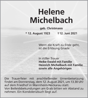 Traueranzeige von Helene Michelbach von Mannheimer Morgen