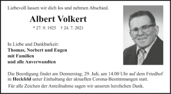 Traueranzeige von Albert Volkert von Fränkische Nachrichten