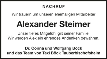 Traueranzeige von Alexander Steimer von Fränkische Nachrichten