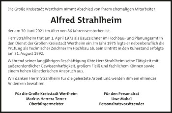 Traueranzeige von Alfred Strahlheim von Fränkische Nachrichten